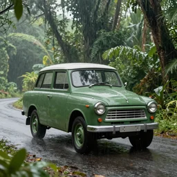 a vintage trabant cruising in the jungle during a rainy season hyper realism, digital art, artstation, poster, high details, green, vegetation