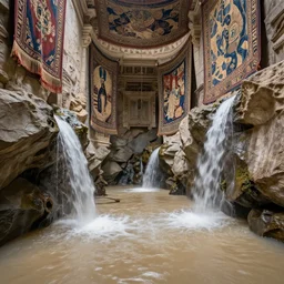 beautiful flooding victorian catacombs, water flowing from side of rocks, tapestries hanging from ceiling, light dust, by peter mohrbacher dan mumford craig mullins nekro, cgsociety, pixiv, volumetric light, 3 d render