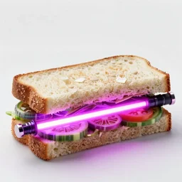 an extremely high quality photo of a radioactive surreal neon-lightsaber-sandwich, a hybrid lightsaber-sandwich filled with lightsaber neons and sandwichlightsaberneontube-tomatoes, neontubesauce drizzled, drooping lightsaber lettuce, glowing sandwich filled with lights, promotional photo, 4k food photography