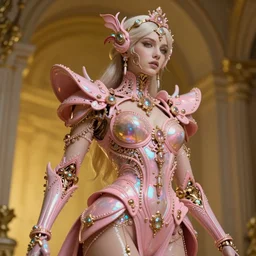 hyperrealist highly intricate neo-rococo pink iridescent exoskeleton beautiful goddess concept art pascal blanche key sage dramatic yellow lighting 8k low angle shallow depth of field