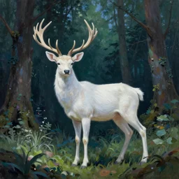 Magical White Stag, lush evergreen forest, vivid colors, night scene, 4K, character concept art, oil painting, digital painting, painterly, cinematic lighting, rule of thirds, trending in artstation, cgsociety, by anato finnstark, Artgerm,
