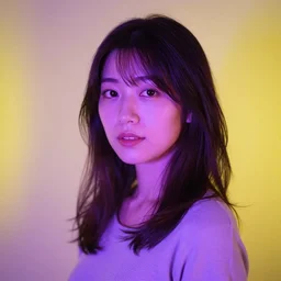 a portrait photo of a japanese woman at a colourful lighting, purple and yellow lighting