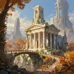 grec greeble temple in bushes fall time futuristic of olympus glory  sci-fi city of Atlantis  hill valley grec greeble wood bridge painting of tower  ivy plant   in marble , behance hd by Jesper Ejsing, by RHADS, Makoto Shinkai and Lois van baarle, ilya kuvshinov, rossdraws global illumination