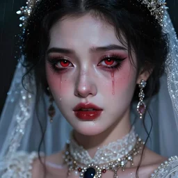 ilyana vyulnika as a young vampire bride in the dark, heavy makeup, crying red eyes, tears, leaked mascara, lipgloss, portrait, closeup, cute freckles, gloss effects, and exaggerated proportions, intricate jewelry, after rain, digital art by julia razumova and mel milton, trending on artstation, 4 k high quality