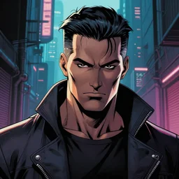 a cyberpunk mafia boss with slicked back hair, in a cyberpunk city alleyway, extremely detailed comic book art, cyberpunk, art by stan lee, pen drawing, colorful, bright high tech lights, epic, moody, dramatic, deep shadows, marvel comics, dc comics, trending on artstation