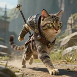a fantasy proto - cat warrior running inspired arkane full body detailed and realistic 4 k trending on artstation, still frame from movie