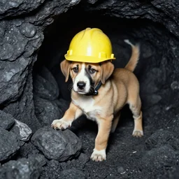 puppy working in a coal mine, wearing hard hat, photo from 1 9 9 8,
