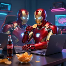 iron man eats chips and plays in laptop in detailed gamer room, coke and chips on table, cyberpunk concept art, trending on artstation, highly detailed, digital art, 8 k