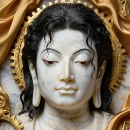 buddhist michael jackson face, highly detailed, symmetrical long head, smooth marble surfaces, detailed ink illustration, gold gear, cinematic smooth stone, deep aesthetic, concept art, post process, 4 k, carved marble texture and silk cloth, latex skin, highly ornate intricate details, in the style of 8 8 grzes