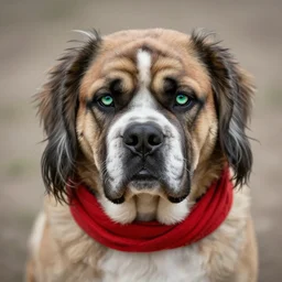 portrait of american bulldog as afghan dog, green eyes and red scarf looking intently, photograph by steve mccurry