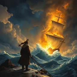 a concept art of the greatest seafarer of all time looking at storm which destroyed ship. he was the only one who survived, but at what cost, intricate details, detailed sky, starry night, artstation, epic scenery, colourful sky, by marco bucci and rembrandt