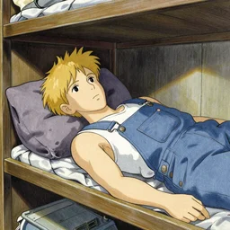 an airship mechanic lying in her cramped bunk below deck, blonde, tank top and overalls, finely illustrated face, highly detailed, colored pencil, studio ghibli, tankobon, in the style of ilya kuvshinov and krenz cushart and william - adolphe bouguereau and alphonse mucha