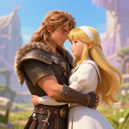 Teen Barbarian and Young priestess embrace in a hug, romantic, high fantasy, epic, lovely, colorful