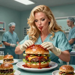 Pamela Anderson performing emergency surgery on a big mac hamburger, dripping BBQ Sauce, serving burgers, hospital room, intricate, elegant, highly detailed, digital painting, artstation, concept art, matte, sharp focus, illustration, art by Artgerm and Greg Rutkowski and Alphonse Mucha
