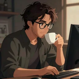 cel shaded anime portrait of an Italian man who is working at a computer, dark wavy hair, stubble, glasses, drinking coffee