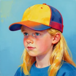 colorful painting of a man with long blond hair with a colorful baseball cap for kids, matte painting, trending on art station, ultra - detailed, hq