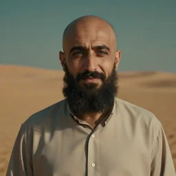 real life photo of a Syrian man, bald, full dark beard, blue watery eyes, full round face, short smile, serene desert setting, cinematic lightning, medium shot, mid-shot, highly detailed, trending on artstation, Unreal Engine 4k, 80mm, 85mm, cinematic wallpaper