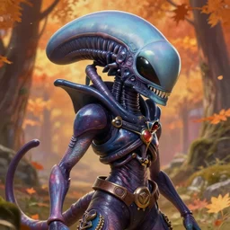 an epic fantasy comic book style portrait painting of a really cute looking xenomorph, studio ghibli, unreal 5, daz, hyperrealistic, octane render, cosplay, rpg portrait, dynamic lighting, intricate detail, harvest fall vibrancy, cinematic