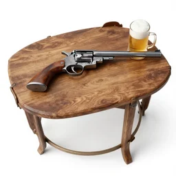 old west table with pistol and beer, logo, top view photo