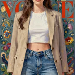 anime vogue, crop top, blazer, jeans, intricate oil painting by fiona staples, trending on artstation