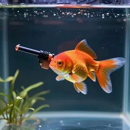 angry goldfish with a gun in the aquarium, mad at the world, photography