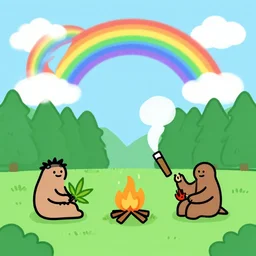 minimalistic cartoon drawing, hippie blowing smoke out from a blunt, campfire, smoking blunts, marijuana leaf, hippies, rainbows, forest, tons of clouds, peace sign, music festival