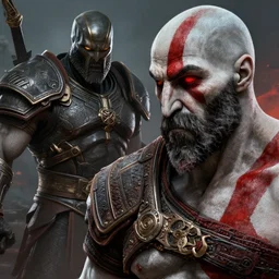 kratos from god of war fighting the legion from titanfall 2 by greg rutkowski, detailed face