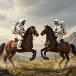 two astronauts jousting on horseback, wide shot, digital art, romantic medievalism, extremely high detail, cinematic lighting