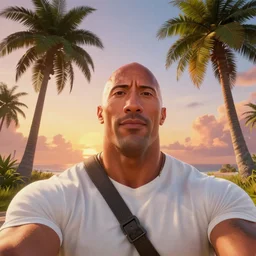 dwayne johnson in a sea of thieves selfie, sea of thieves screenshot, palm trees, sunset
