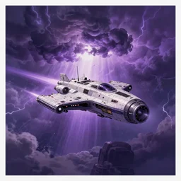 spaceship flying through purple thunderstorm, science fiction pulp illustration