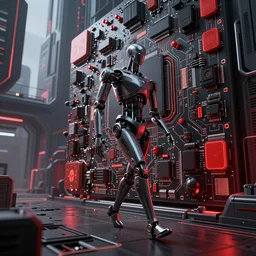 photo of a lone android walking in a futuristic city in a dystopian future made of electronic components and looks like a giant pcb board. Very detailed 8k. Unreal engine 5 render with nanite, global illumination and path tracing. Cinematic post processing. Emphasize on the colors black and red.