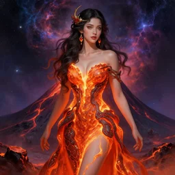 stunning french goddess of volcano, bright lava dress, space nebula background, fantasy, intricate, elegant, highly detailed, digital painting, artstation, concept art, smooth, sharp focus, illustration, art by afshar petros and krenz cushart and artem demura