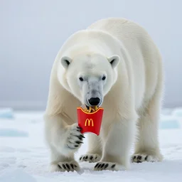 a highly detailed cinematic photograph of a polar bear on the north pole in the mist eating mc donalds, ultra realistic, depth, beautiful lighting, by annie leibovitz, hasselblad, 1 0 0 mm, bokeh, photorealistic, hyperrealistic, octane, masterpiece
