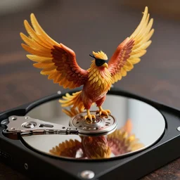 a phoenix with a pirate eye patch sitting on a hard drive protecting it, 3 5 mm, cinestill, 8 k, godrays
