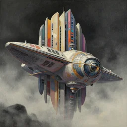 exterior portrait of a space station, colorful, modern art deco, mads berg, karolis strautniekas, christopher balaskas, stippled light, fog, moody, fine texture, editorial illustration, dramatic lighting, dynamic composition, detailed, matte print, dynamic perspective, muted color, sacred geometry