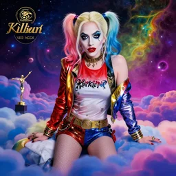 stunning portrait of lady gaga as harley quinn by victo ngai, kilian eng vibrant colors, winning award masterpiece, fantastically gaudy, aestheticly inspired by beksinski and dan mumford, 4 k upscale with simon stalenhag work, sitting on the cosmic cloudscape