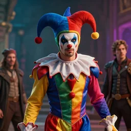 a cinematic shot of man wearing jester costume, colorful, octane render, volumetric lighting, nvidia raytracing demo, by Andy Thomas, Mario Martinez, Daniel Mirante, Gustave Dore, Artstation, CGsociety, masterpiece
