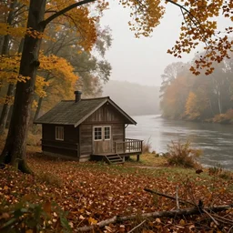 it's a dream. it's a picturesque hunter's cabin in the woods by the seine river in autumn. false beauty, false atmosphere, warm and lonely, mist, atmospheric light