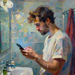a beautiful glitched oil painting by alpay efe and christian hook of a man looking at his phone in a bathroom, color bleeding, brushstrokes by jeremy mann, cold top lighting
