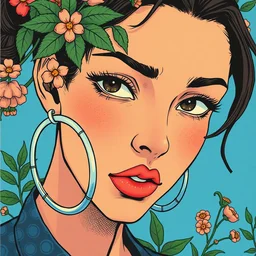 risograph grainy painting of running man anime - like hero girl protagonist face, matte dull colors, with huge earrings, face covered with plants and flowers, by moebius and dirk dzimirsky and satisho kon, blue hour, close - up wide portrait