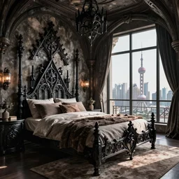 premium adults'bedroom design, inspired by high gothic dungeons, made of cast iron, chicago, shanghai, penthouse