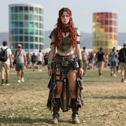 detailed ultrarealistic 4 k photography front full shot of sadie sink, coachella festival, postapocalyptic, fantasy, starwars