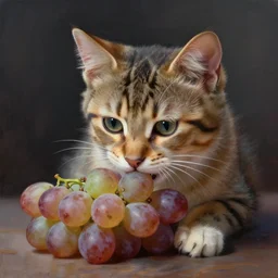 Kitten eating grapes, dramatic scene, masterpiece digital painting by Greg Rutkowski, Alex Grey, artstation, 4k wallpaper