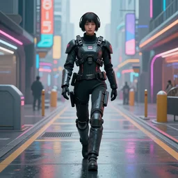 japanese cyber soldier walks down a colorful futuristic street 3000 by Alex Heywood, beautiful detailed photorealistic modern digital illustration