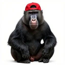 photograph of a large black baboon wearing a backwards red hat a white t shirt and a blue vest and black belt