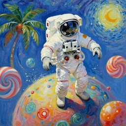 bright beautiful oil painting of astronaut lands on a tropical candy planet, light scatter, van gogh