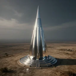 A giant shiny chrome shrine in a dried up ocean, nighttime hazy sky, unreal engine, raytracing, 4K HD