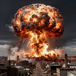 nuclear explosion in the middle of a town, digital painting, highly detailed, concept art, trending on artstation, epic composition, sharp focus, flawless render, masterpiece, volumetric lighting, realistic
