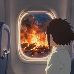 passenger looking a wildfire at window in airplane, by makoto shinkai, Jessica Rossier, trending on artstation