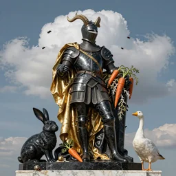 portrait, war, knight, rabbit, horns, wide angle, puffy clouds, skies behind, stars in sky, italian masterpiece, Ashford Black Marble, sculpture, baroque,  draped with orange carrot and vines and spines, marble and gold, drapes, white details, beetle, flies, famine, still life, Obsidian, portrait, rabbit, snails vs worms, goose, render, artstation, ultra detailed